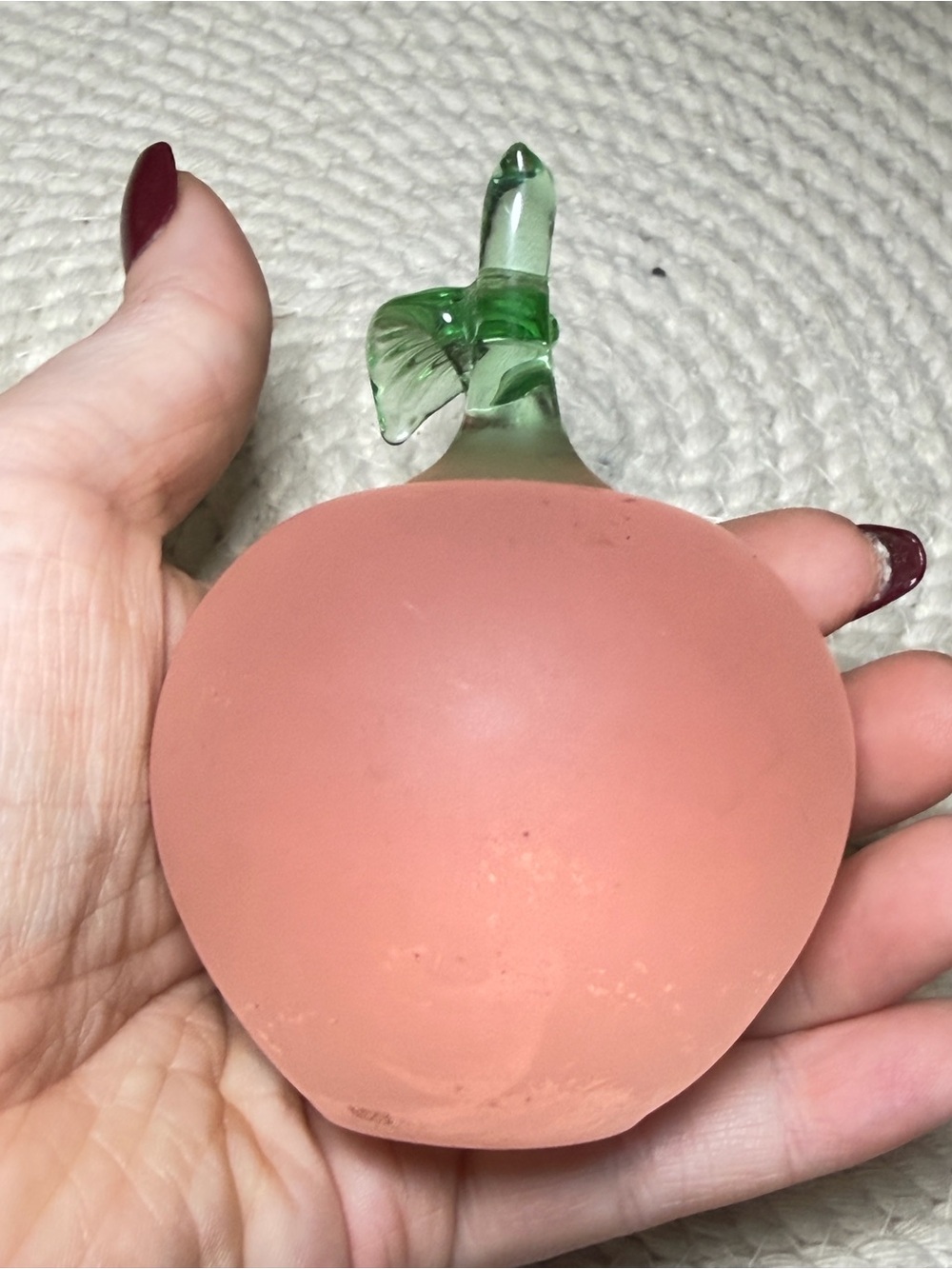 Vintage Pink Art Glass Apple Paperweight Green Stem Leaf Fruit Decor - Picture 3 of 14